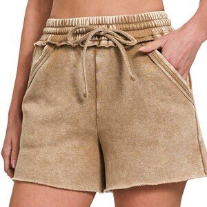 NWT Ladies Deep Camel Brown Acid Wash Fleece Drawstring Shorts with Pockets